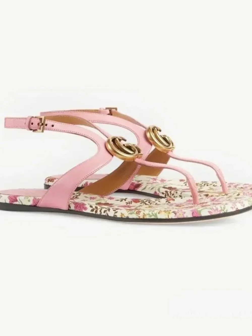 NWT$790 GUCCI Double G Marmont Floral Leather Thong Flat Sandal Slides Sz 39 - Picture 1 of 9